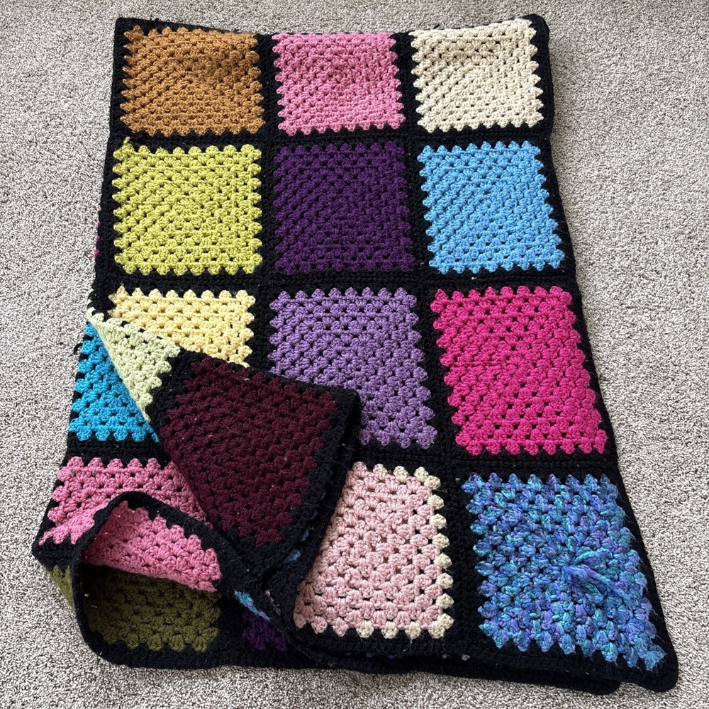 Vtg Handmade Crochet Granny Square Roseanne Blanket Colorful Boho Afghan 80x58"